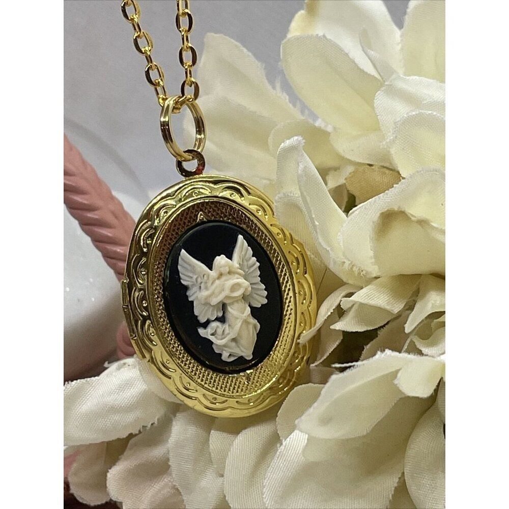 Angel Easter Spring Wedding jewelry Cameo Locket Pendant Necklace Gold Mom